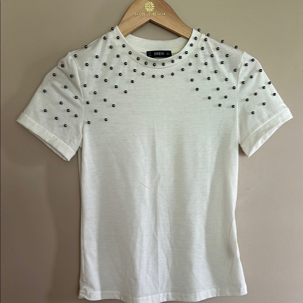 SHEIN White Tee with Stud Accents